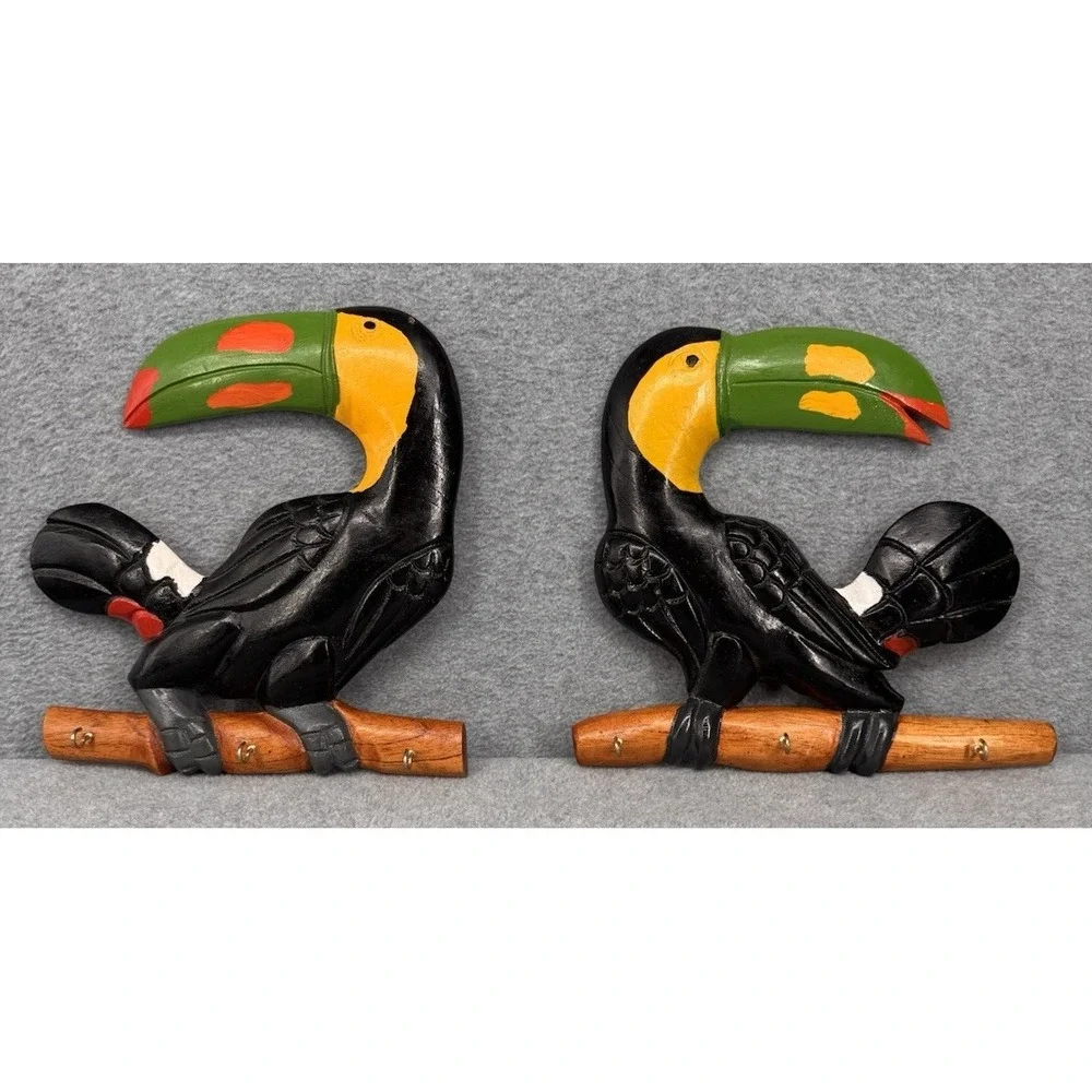 Wall Hook Key Holder Pair Toucan Hand Carved Wood‎ Panama Folk Art 3 Hooks